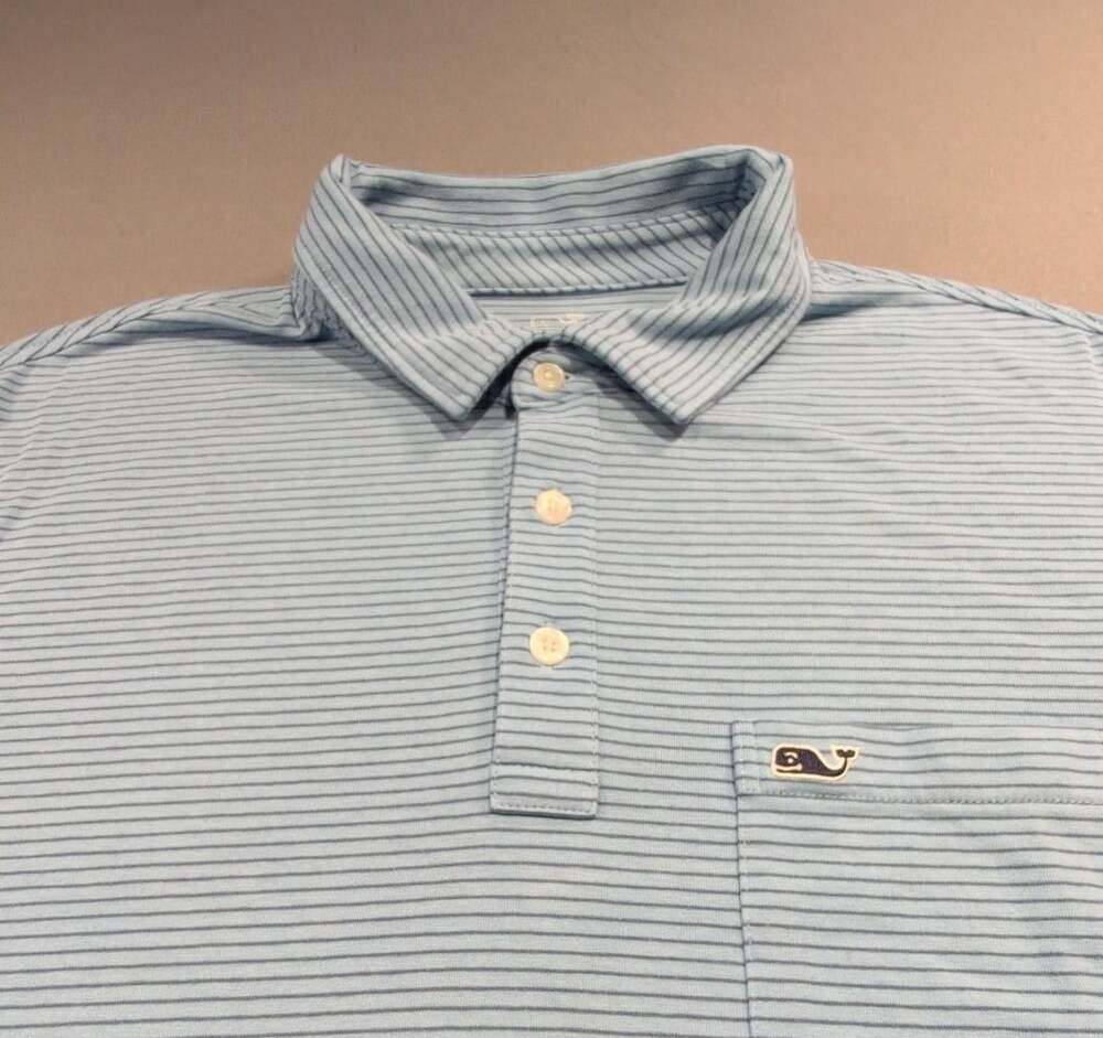 Vineyard Vines Edgartown Polo Sz M Blue Striped Short Sleeve Pocket Shirt Preppy